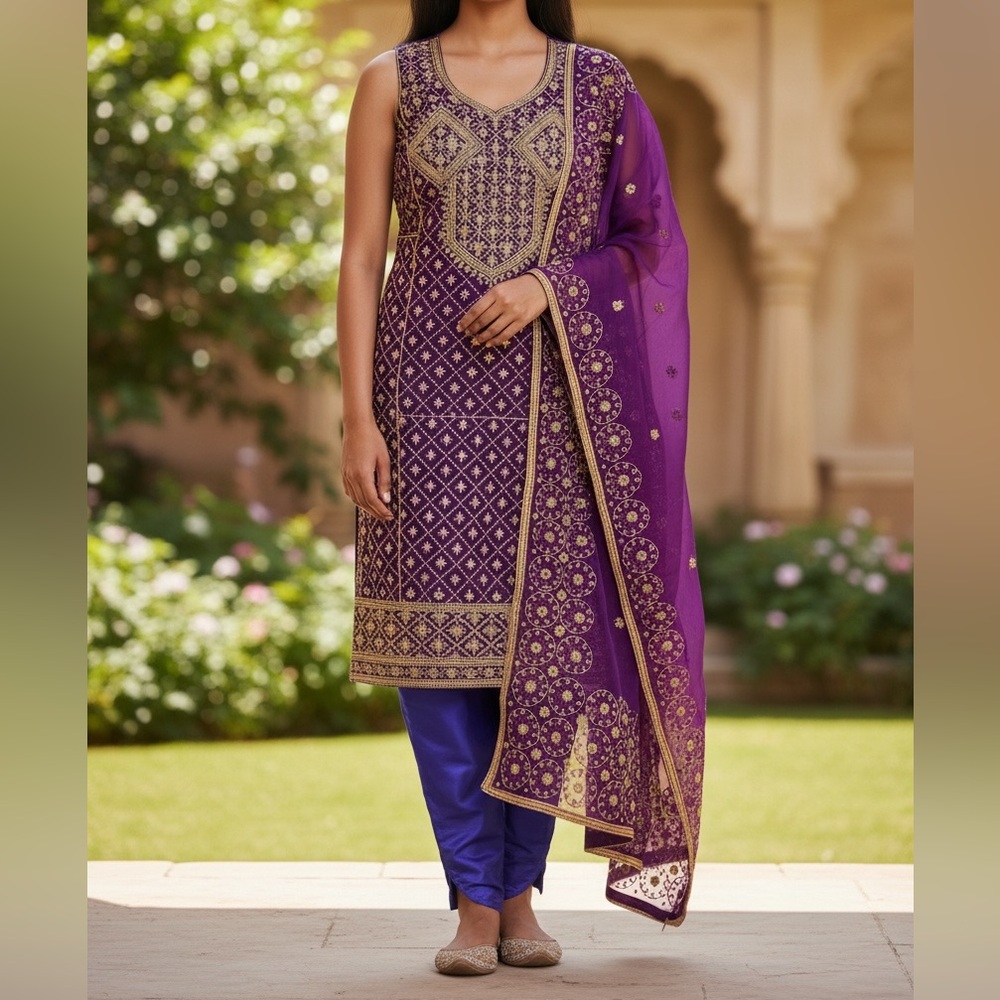 Elegant Purple and Gold Embroidered Dress